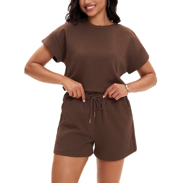 Conjunto de verano de 2 piezas para mujer ATHLECHIC, con camiseta de manga corta y pantalones cortos, color marrón