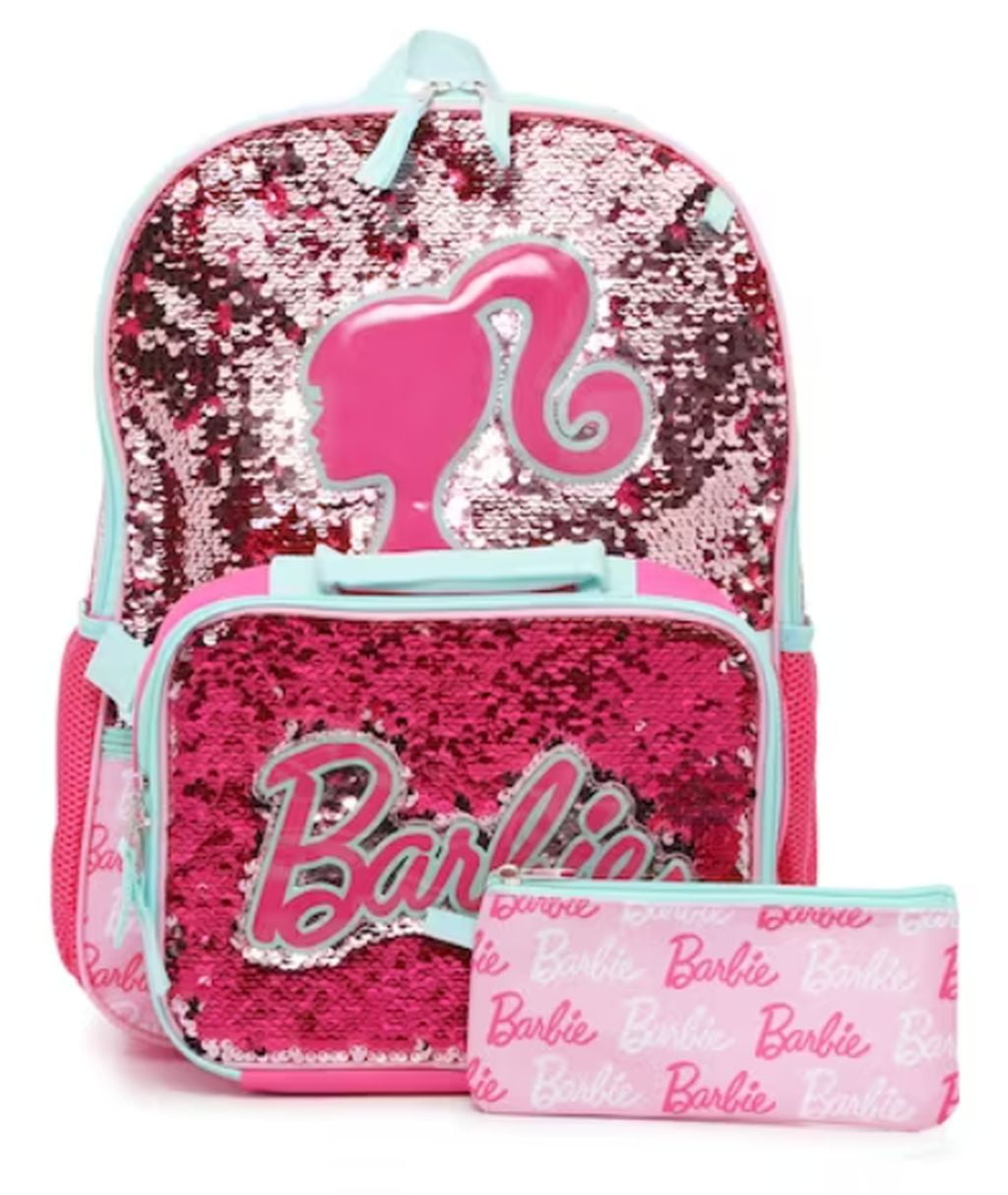 3 Piece Barbie Backpack Lunch Box Set Tote Bag Flip Sequin Pink Large Size  ~ NEW