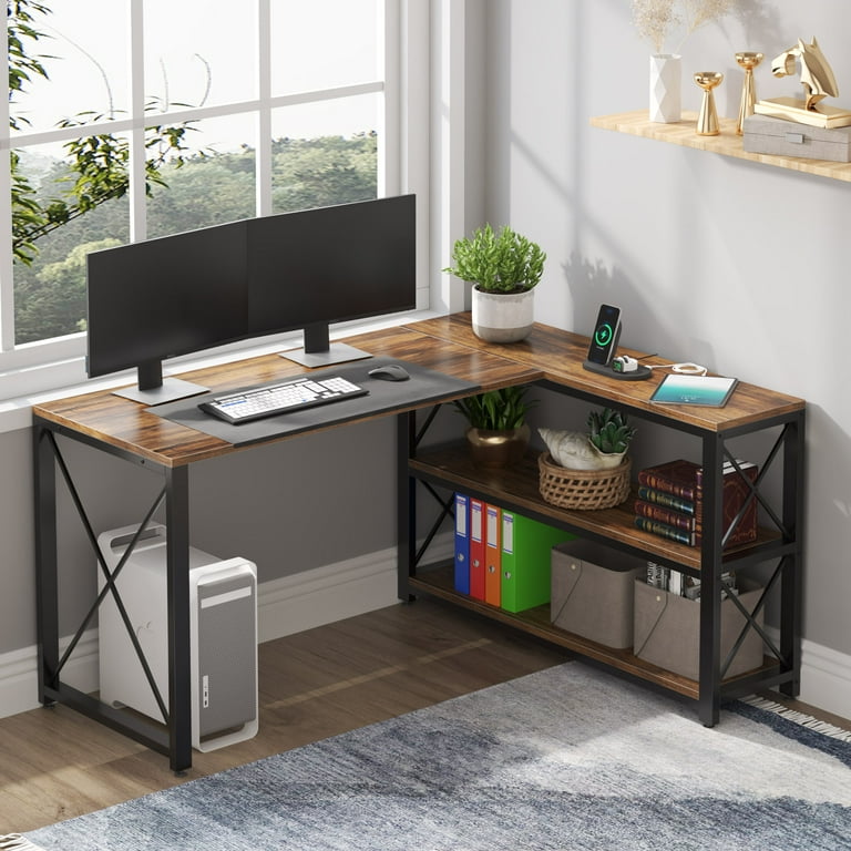 HOMCOM L-Shaped Home Office Writing Desk with Storage Shelf Drawer  Industrial Corner PC Study Table Computer Workstation Brown