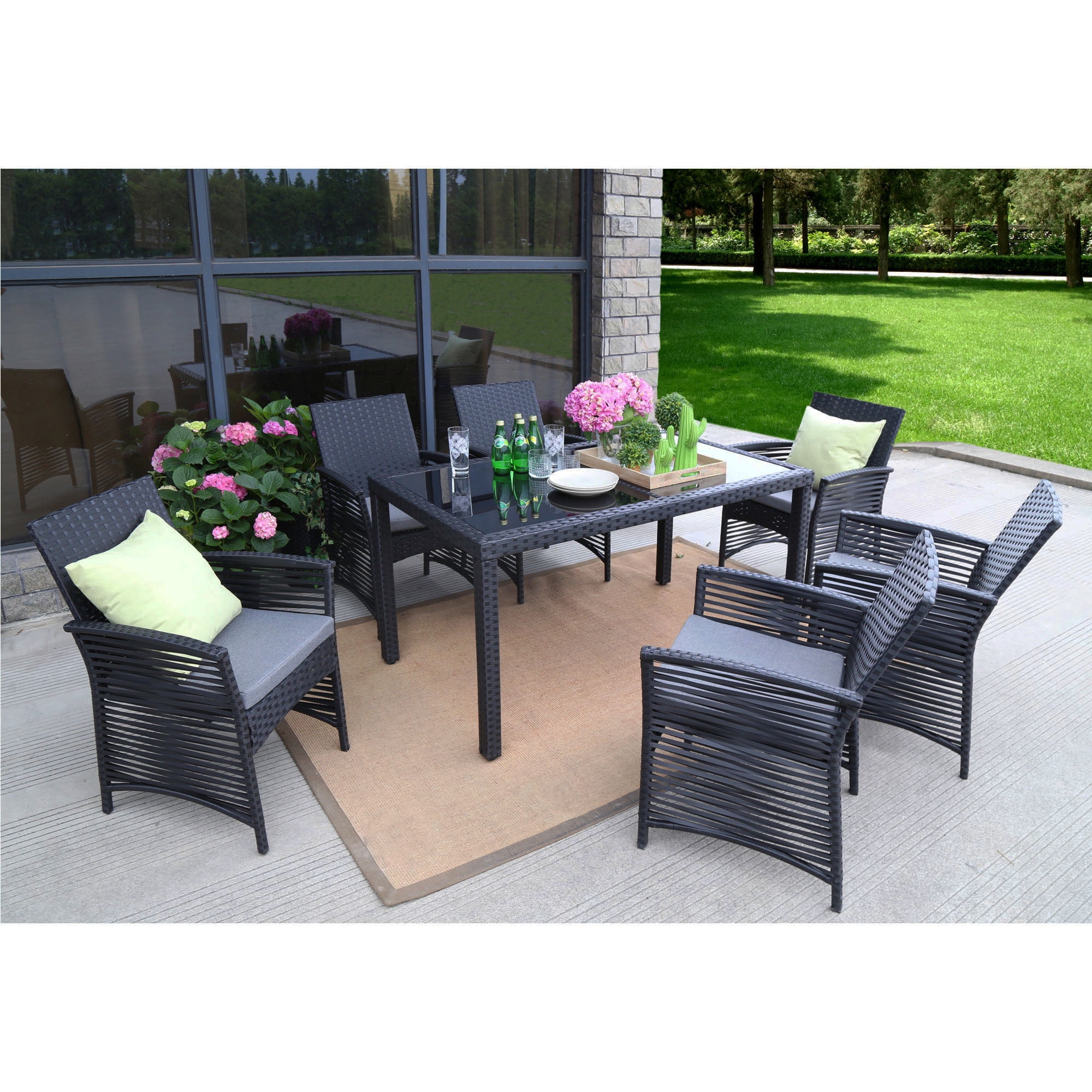Baner Garden H19bl 7 Pieces Outdoor Patio Backyard Steel Frame Sofa Set Rattan Furniture Six Chairs With Cushions And One Rectangle Table Black Com - Cover For Patio Table And Six Chairs