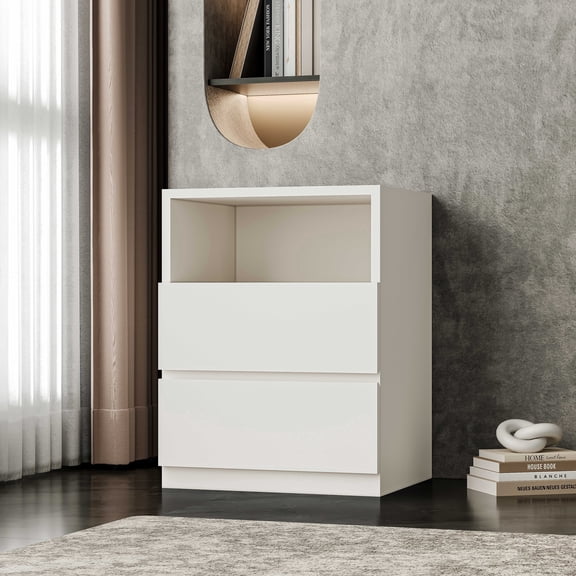 26" Tall White Nightstand with Storage, Wood Bedside Table with 2 Drawers and Open Shelf , Modern Small Dresser End Table for Bedroom and Living Room