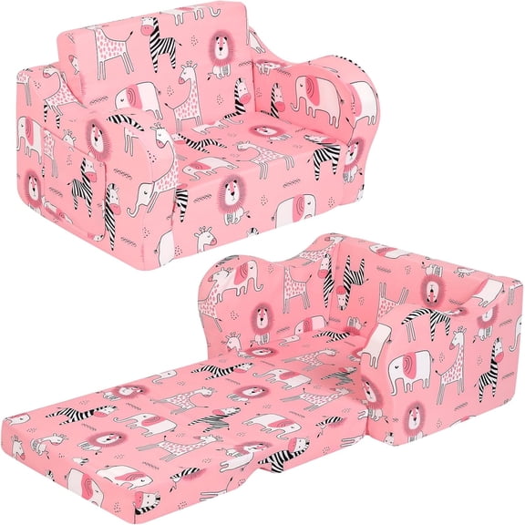 Pink Kids Sofa, 2-in-1 Kids Couch Fold Out, Convertible Sofa to Bed for Girls and Boys
