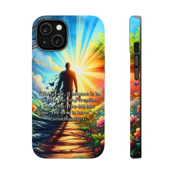 DistinctInk Tough Case for Apple iPhone 13 MINI (5.4" Screen), Compatible with MagSafe Charging - 2 Corinthians 5:17 - The Old Gone, the New Here