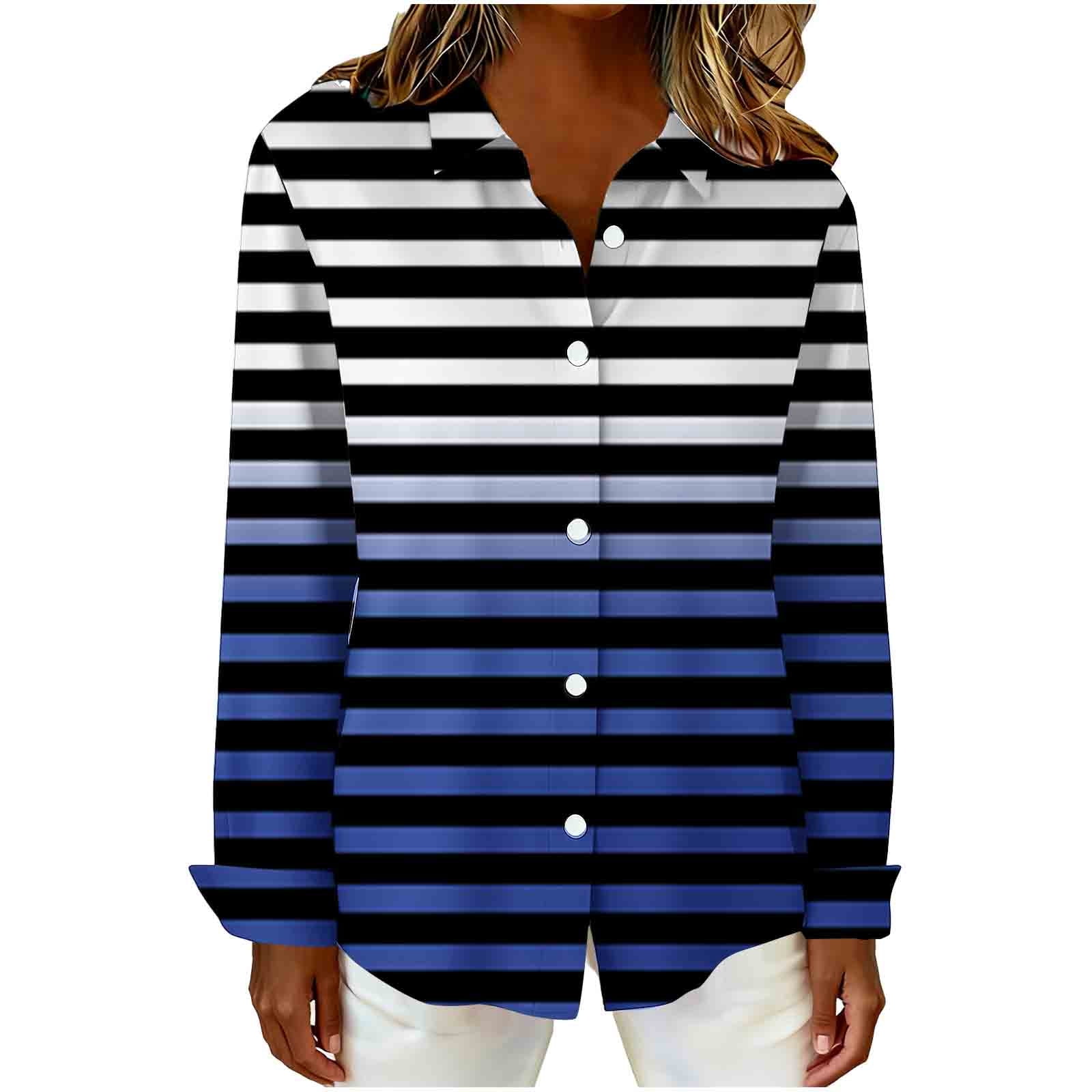 ylioge Shirts for Women Plus Size S-5X Long Sleeve Button-Down Collared Blouses Womens Trendy Stripe Printed Breathable Hawaiian Beach Tops