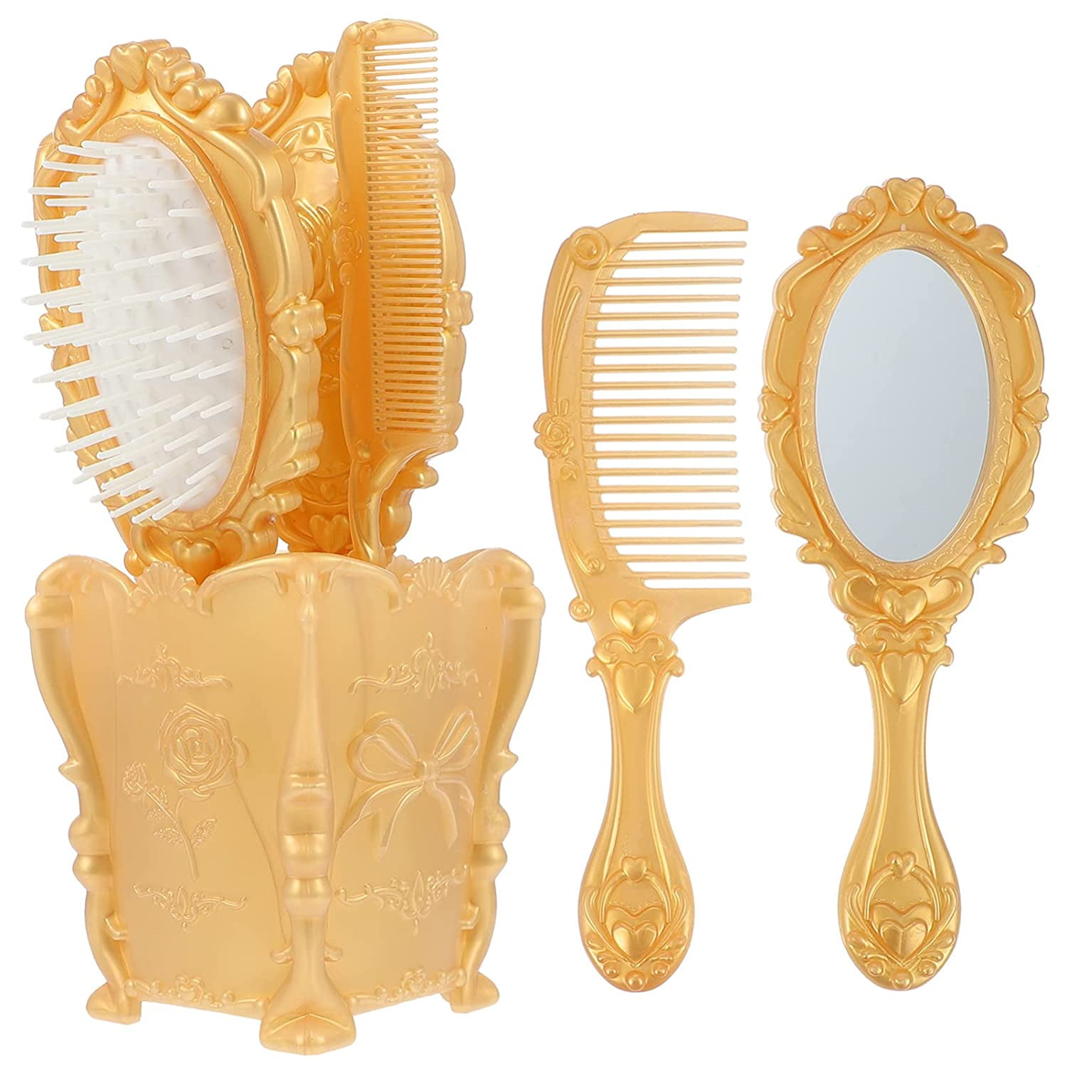 Vintage Handheld Mirror Comb Set, 5pcs Vanity Makeup Mirror Hair Brushes  Comb Set Detangling Hair Brush Rat Tail Comb with Comb Holder