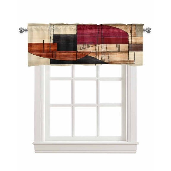 Red Beige Geometric Kitchen Valances for Windows Farmhouse Linen Window Valance Curtain for Living Room Window Treatment Modern Abstract Art Valance Rod Pocket Topper Drape, 42 x 12 Inch