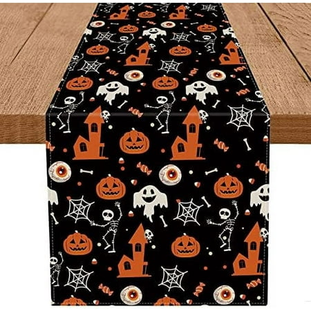 

Halloween Table Runner Ghost Pumpkins Skull Spider Web Castle Fun Black Holiday Seasonal Decorations for Home Kitchen Dining Party Decor 13 x 72 Inch