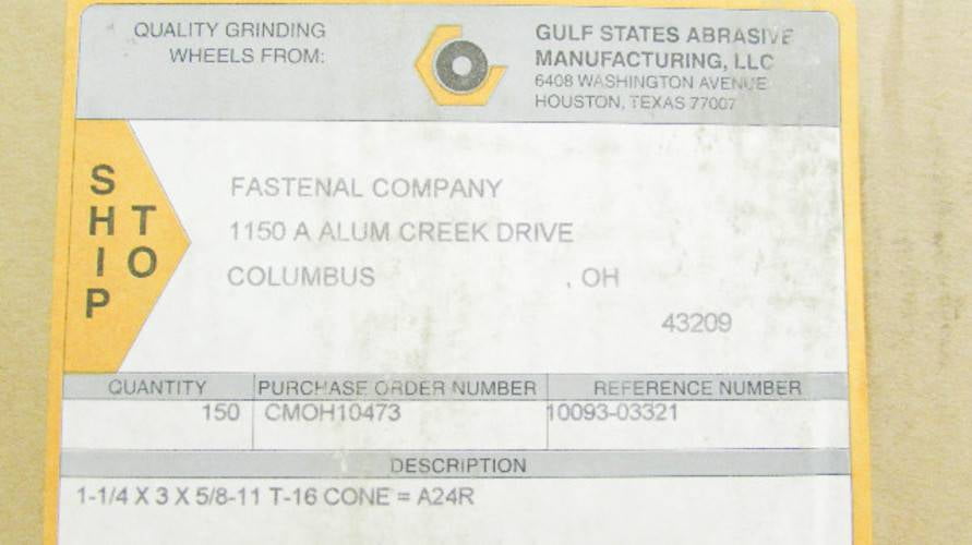 Gulf States 1-1/4" x 3" x 5/8-11 Box of 150 Abrasive Grinding Wheels Bit Cone 