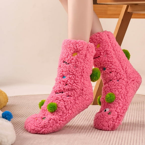 Penkiiy Women's Ultra-Soft Faux Sherpa Winter Socks - Cozy Thermal Sleep Socks, Non-Slip Home Floor Slipper Socks for Cold Weather (Cute Crew Length)
