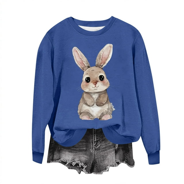 Penkiiy Chemises de Pâques pour Femmes 2024 Manches Longues Mignon Lapin Col Rond Chandail en Molleton Graphique Lapin Décontracté Été Blouse Tunique Hauts S Bleu