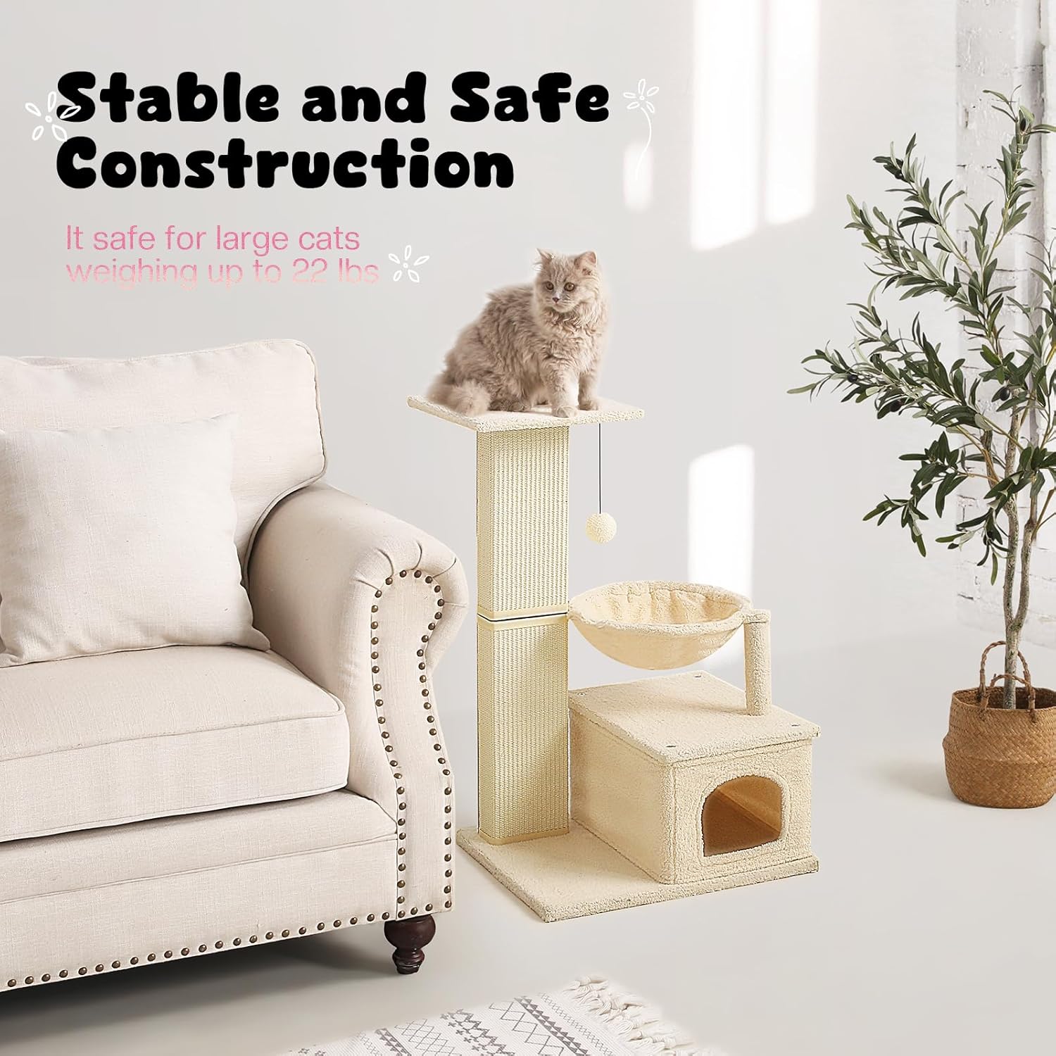 Cat Scratching Post with Perch, Sisal Cat Scratchers for Indoor Cats, Large Cat Scratching Post with Hammock & Fluffy Ball, 31 Inches Tall Cat Scratching Tower, Beige