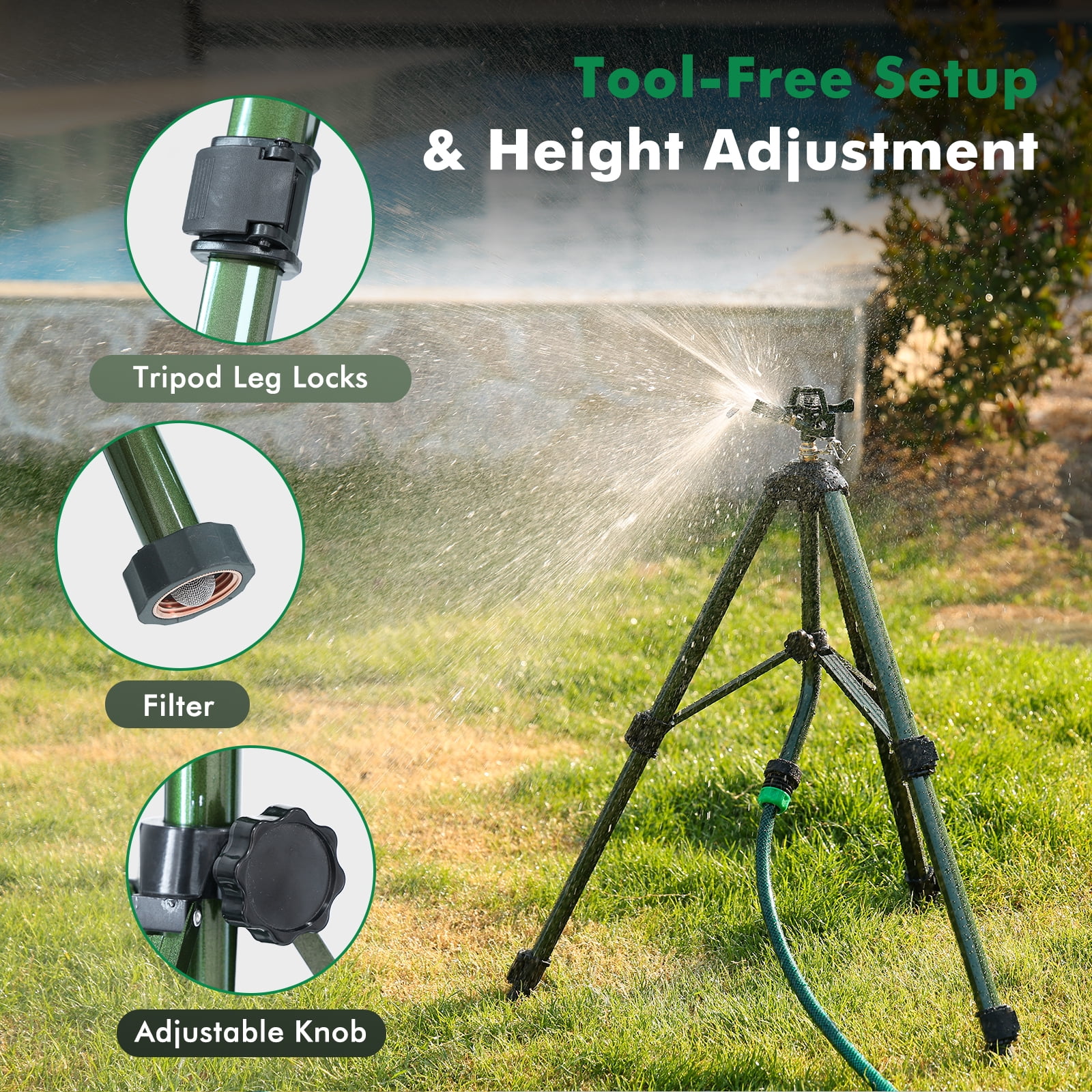 Restmo Heavy Duty Impact Sprinkler on Tripod Base, 6200 sq.ft. Coverage, 360° Rotating, 3-Height Adjustable Full Metal Sprinkler for Large Yard, Lawn and Farm Irrigation
