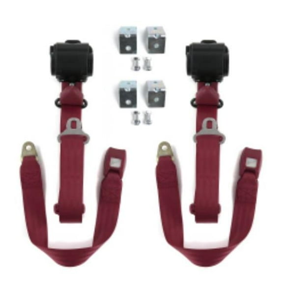 AMC Hornet 1970-1977 Standard 3 Point Burgandy Retractable Bucket Seat Belt Kit with Bracketry - 2 Belts