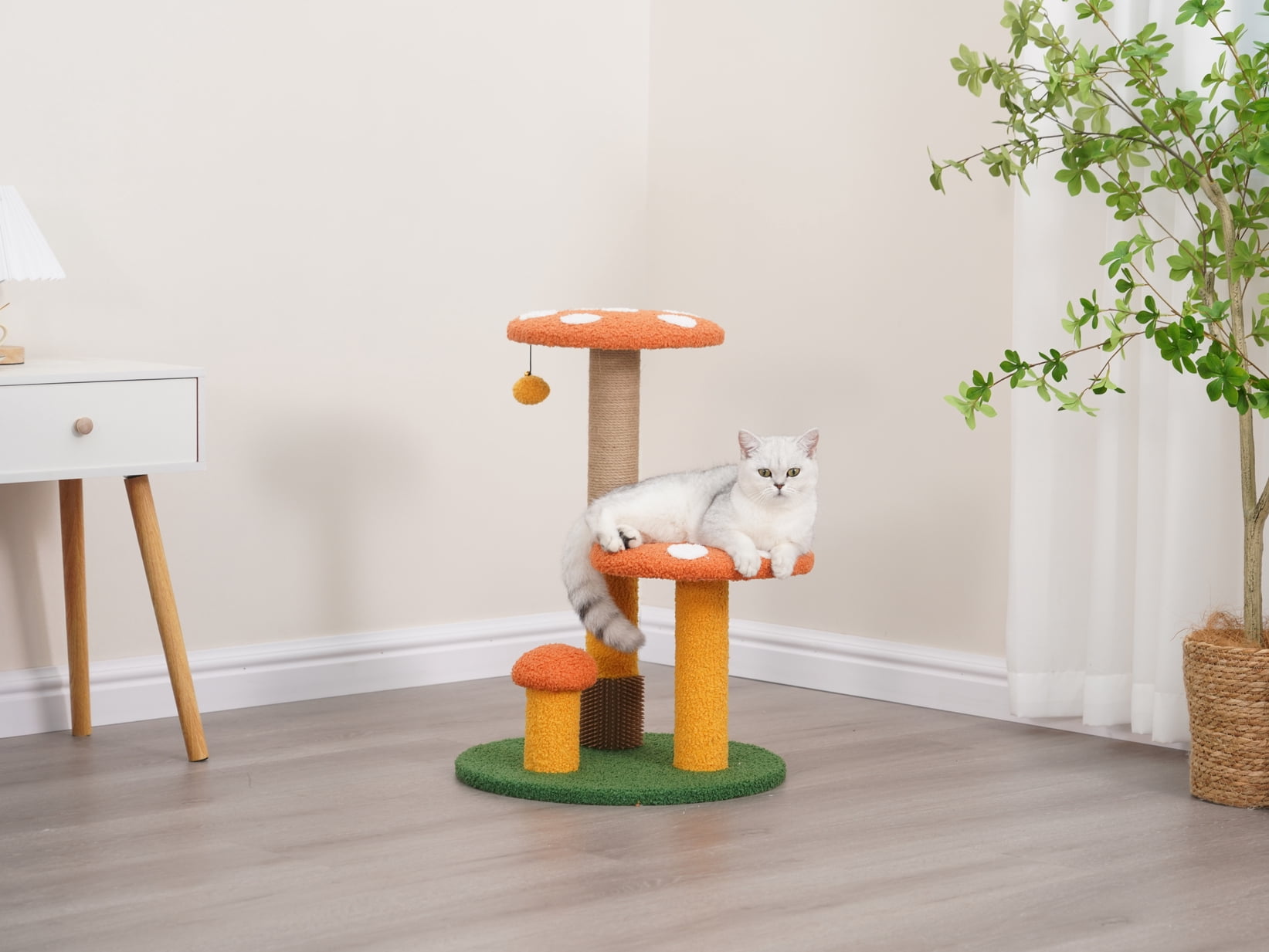 Vibrant Life 3-Level 24.8" Mushroom Stylish Cat Perch with Scratching Post, Orange & Green
