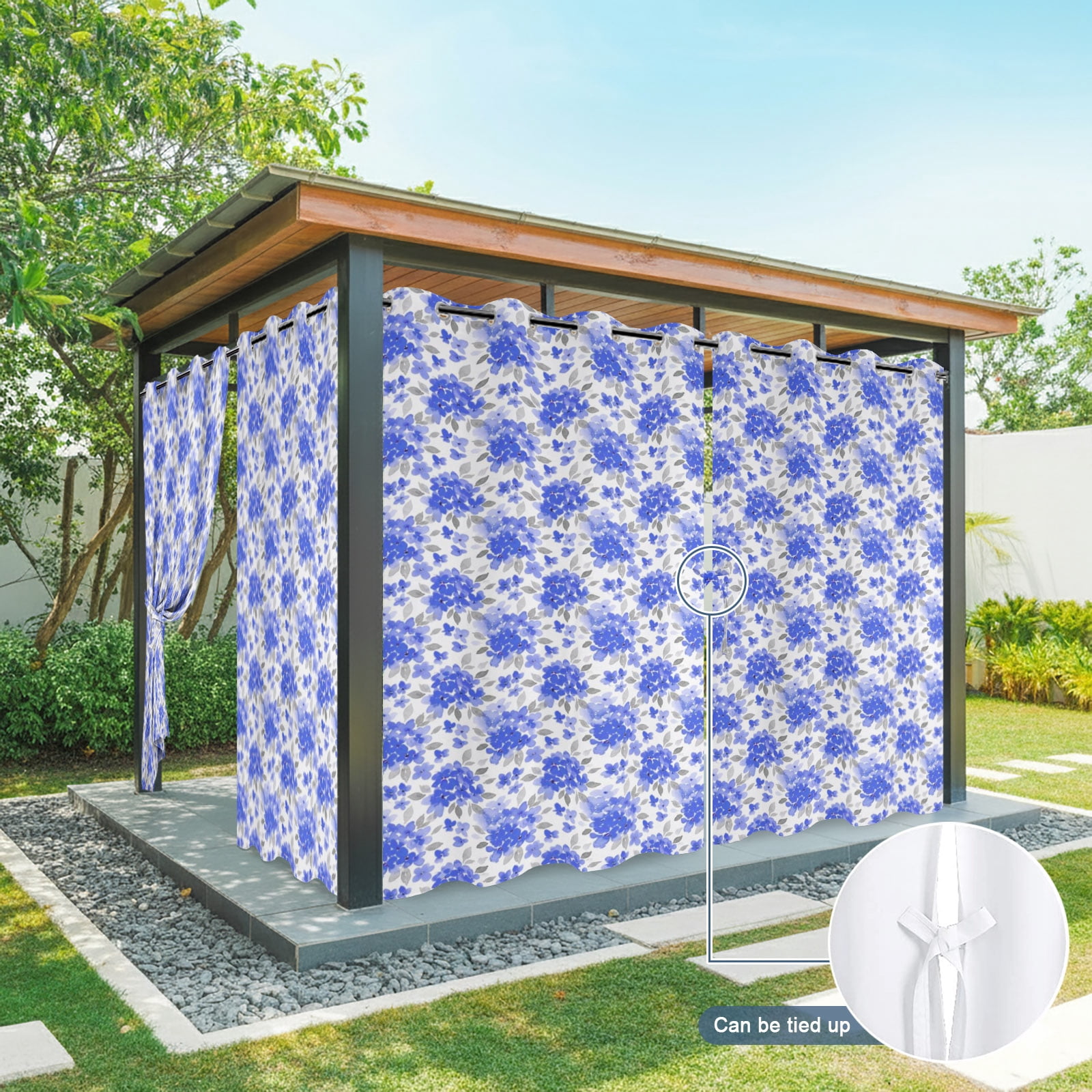 Blue Floral Outdoor Curtains for Patio, Farmhouse Watercolor Flower Leaf Sunshade Privacy Drapes Grommet Waterproof Outside Curtains for Porch/Cabana/Balcony 54"x 108", 1 Panel