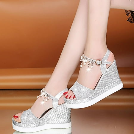 

Zpanxa Womens Sandals Summer Ladies Shoes Fish Mouth Medium Wedge Heel Metal Buckle Women s Sandals Wedge Sandals for Women Silver 40