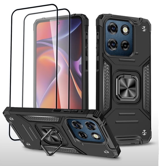 Hotpom for Moto G Power 2025 Case with 2 Pack Screen Protector Military Grade Drop Shockproof Protection with 360° Rotating Stand and Car Mount Capability, Black