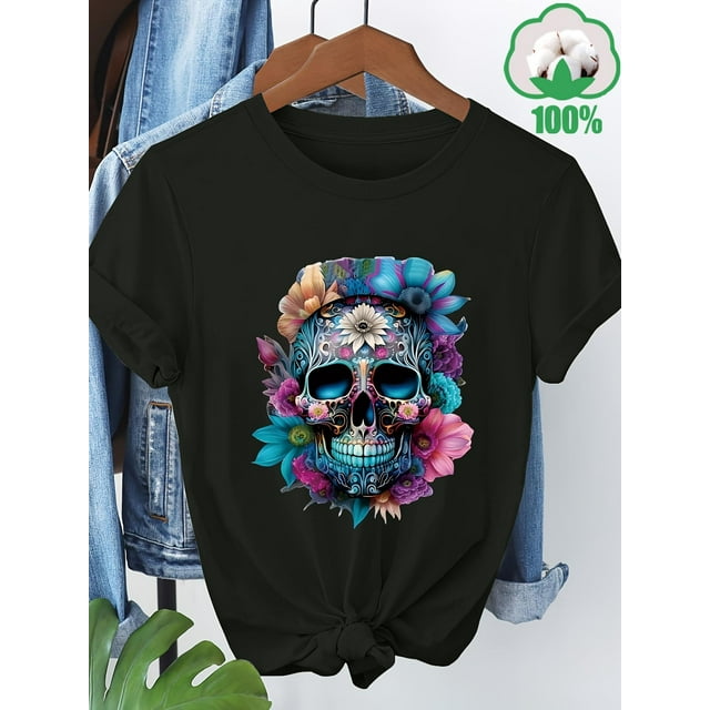 Halloween T-Shirt - Women's Skull & Floral Print Short Sleeve T-Shirt - Black Casual Round Neck Tee, Regular Fit for Spring Summer Fall, Machine Washable, Skull T Shirt, Spring Apparel