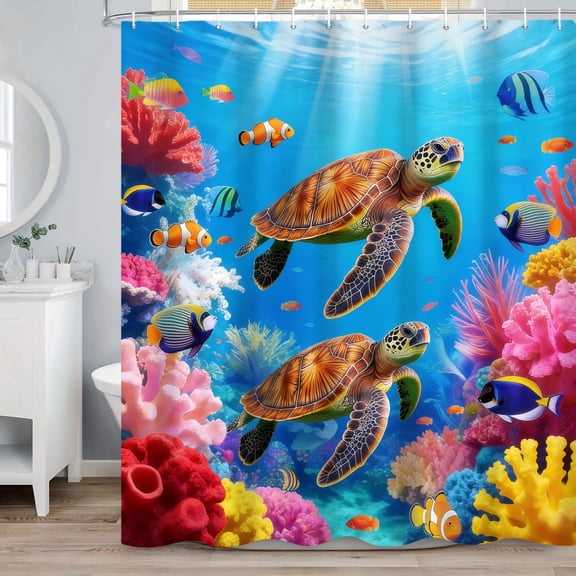 MIZHONA Ocean Sea Turtle Shower Curtain Coastal Coral Undersea Bathroom Curtain Decor 72x72 in