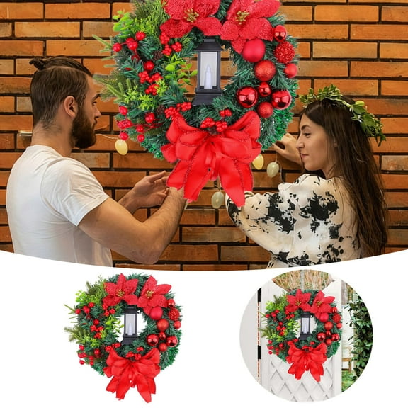 LED Christmas Wreath for Front Door Decorations, Battery Operated Artificial Greenery Wreath with Warm Lights, Large Bow,Berry Ornaments for Holiday Indoor Outdoor Home Decor