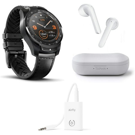 TicWatch Bundle With Ticwatch Pro 2020 Smartwatch 1GB RAM, GPS Dual Display - Black + TicPods 2 True Wireless Earbuds - Ice + Twelve South AirFly