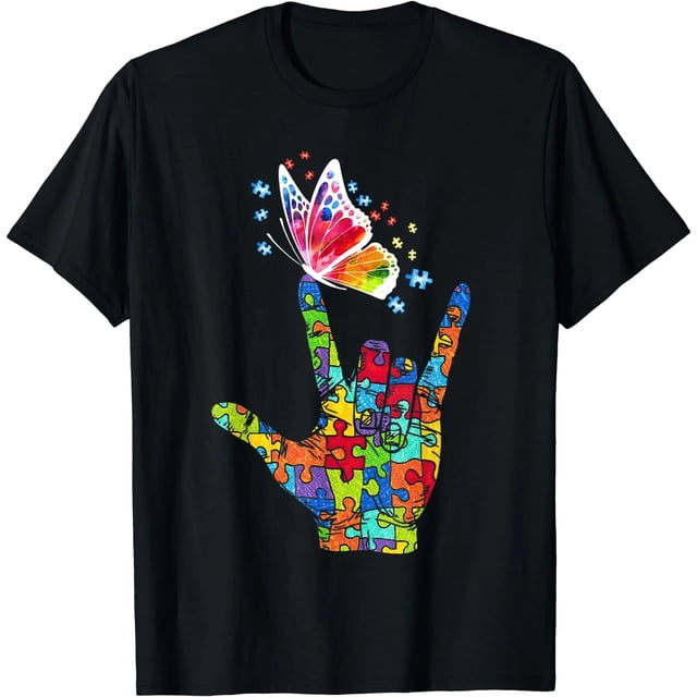 Playera de Mujer con Lenguaje de Señas Te Amo, Mariposa y Conciencia sobre el Autismo