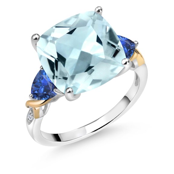 Gem Stone King 925 Silver and 10K Yellow Sky Blue Simulated Aquamarine and Blue Created Sapphire and Diamond Ring for Women (7.09 Cttw, 12MM Cushion and 5mm Trillion) (Size 7)