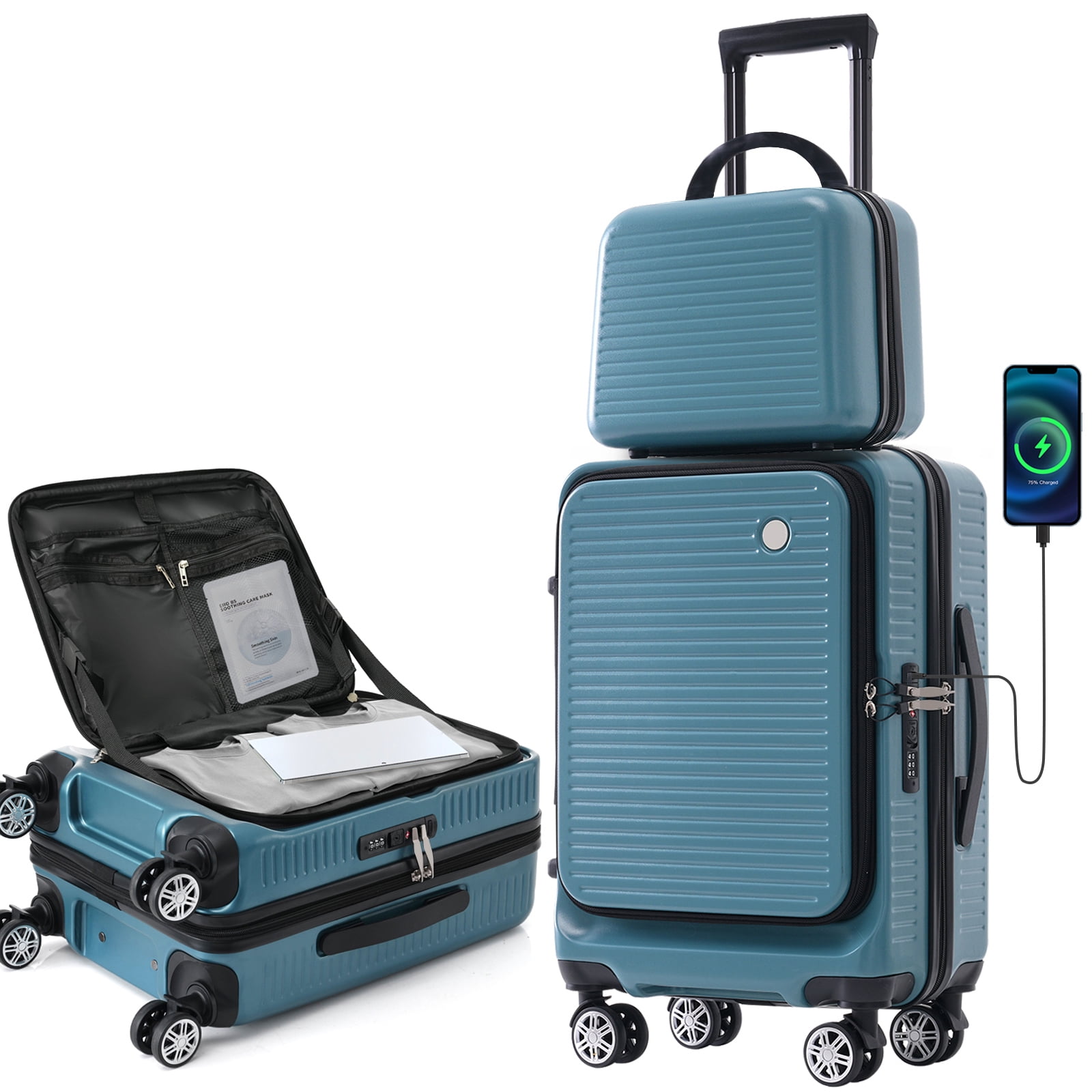 EUROCO Carry On Luggage 22x14x9 Airline Approved, Front Open Suitcase with 1 Portable Carrying Case and USB Port (Blue, 20 Inch, 40L)