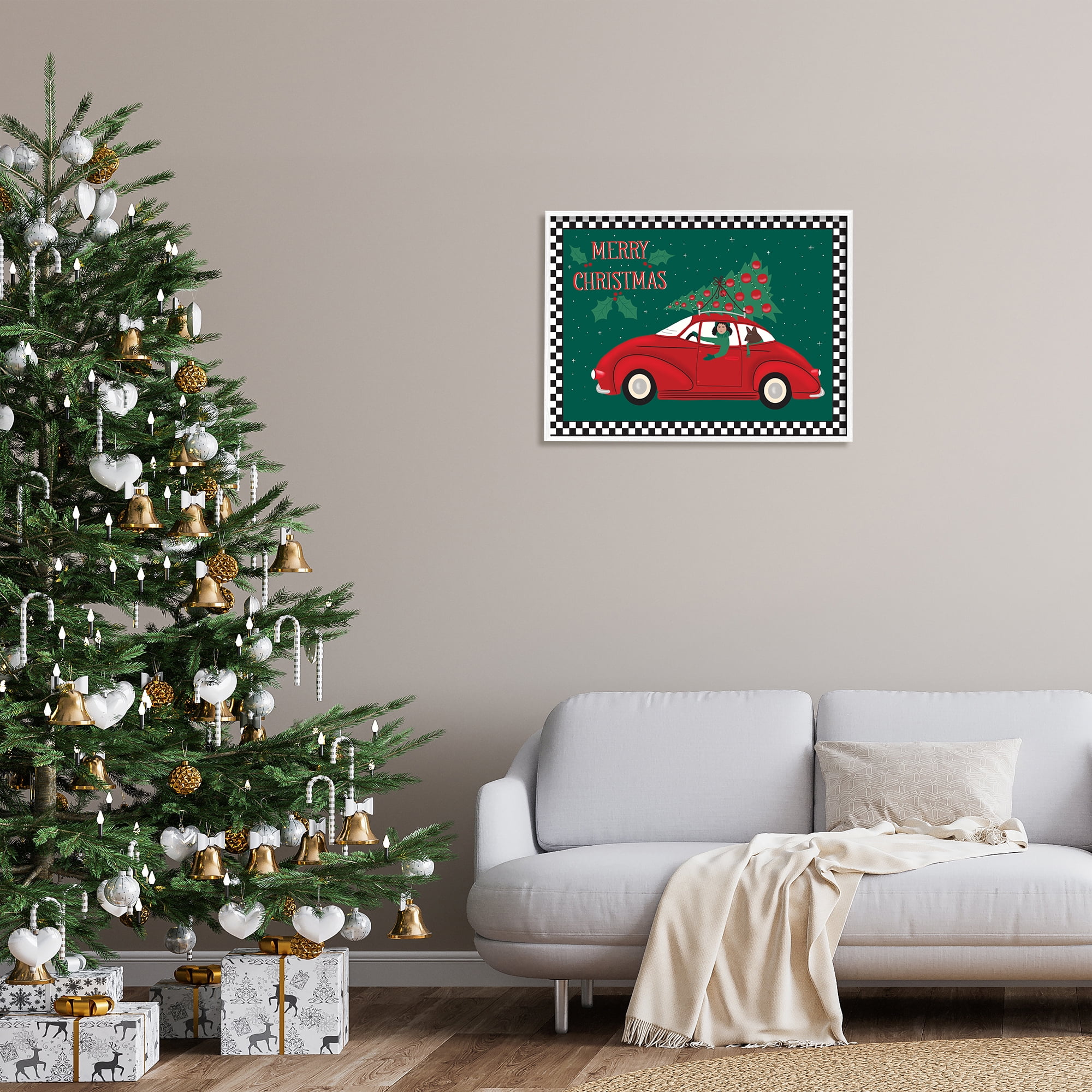 Stupell Indtries Merry Christmas Greeting Woman Sports Car Christmas Tree,30 x 24,Design by Darlene Seale