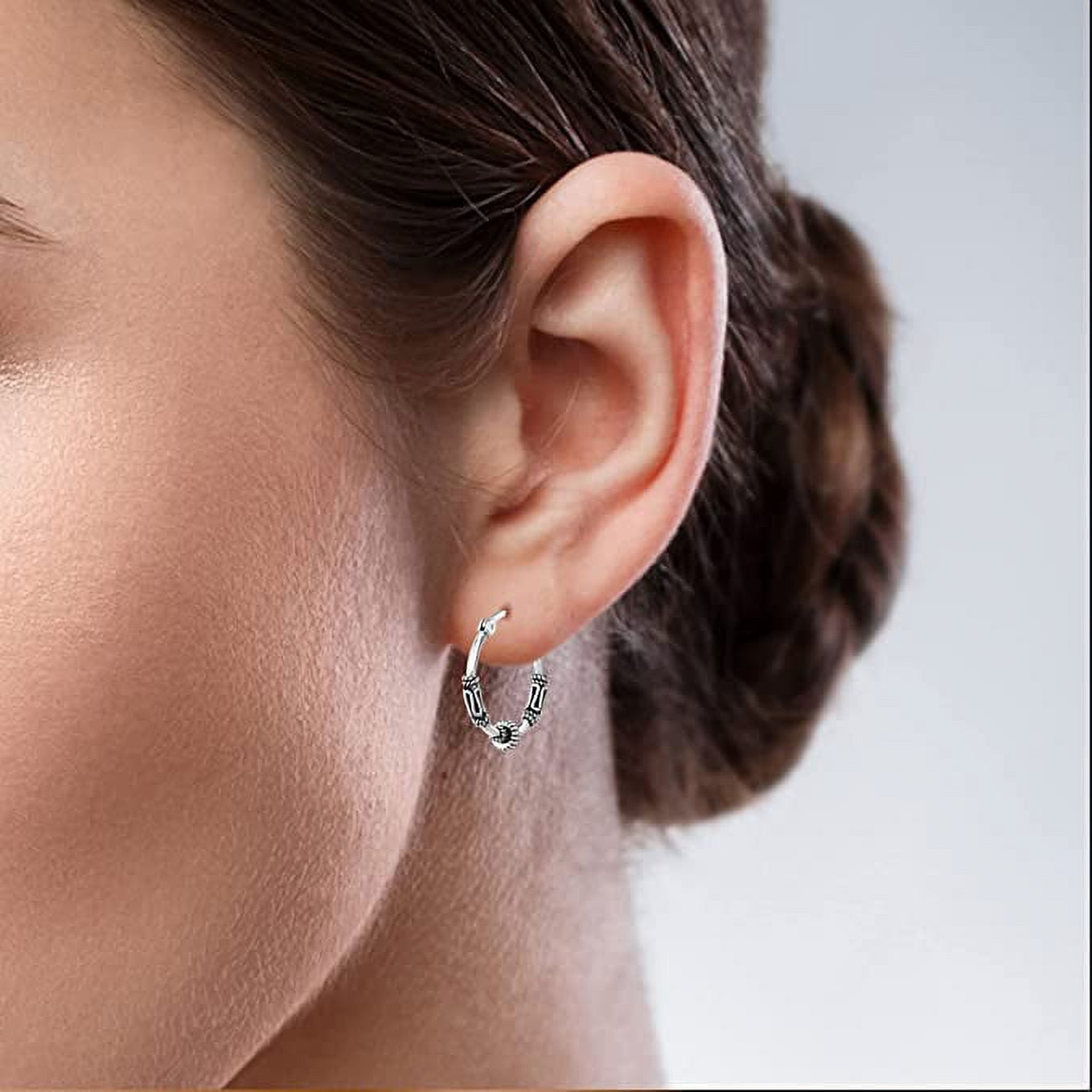 LeCalla 925 Sterling Silver Jewelry Antique Balinese Beaded Hoop Earrings for Women and Teen 17MM