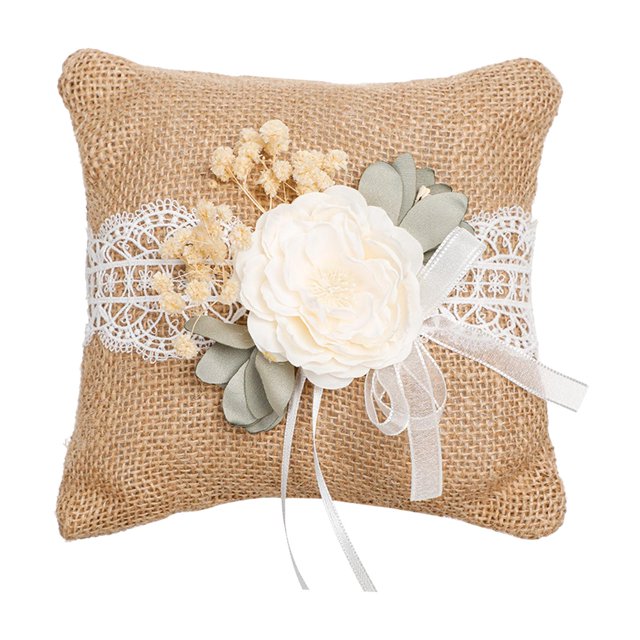 Almohada de boda con cintas, anillos, almohadas para portador, yute de flor de encaje de arpillera para suministros festivos, aniversario de Blanco perfecl cojín de anillos