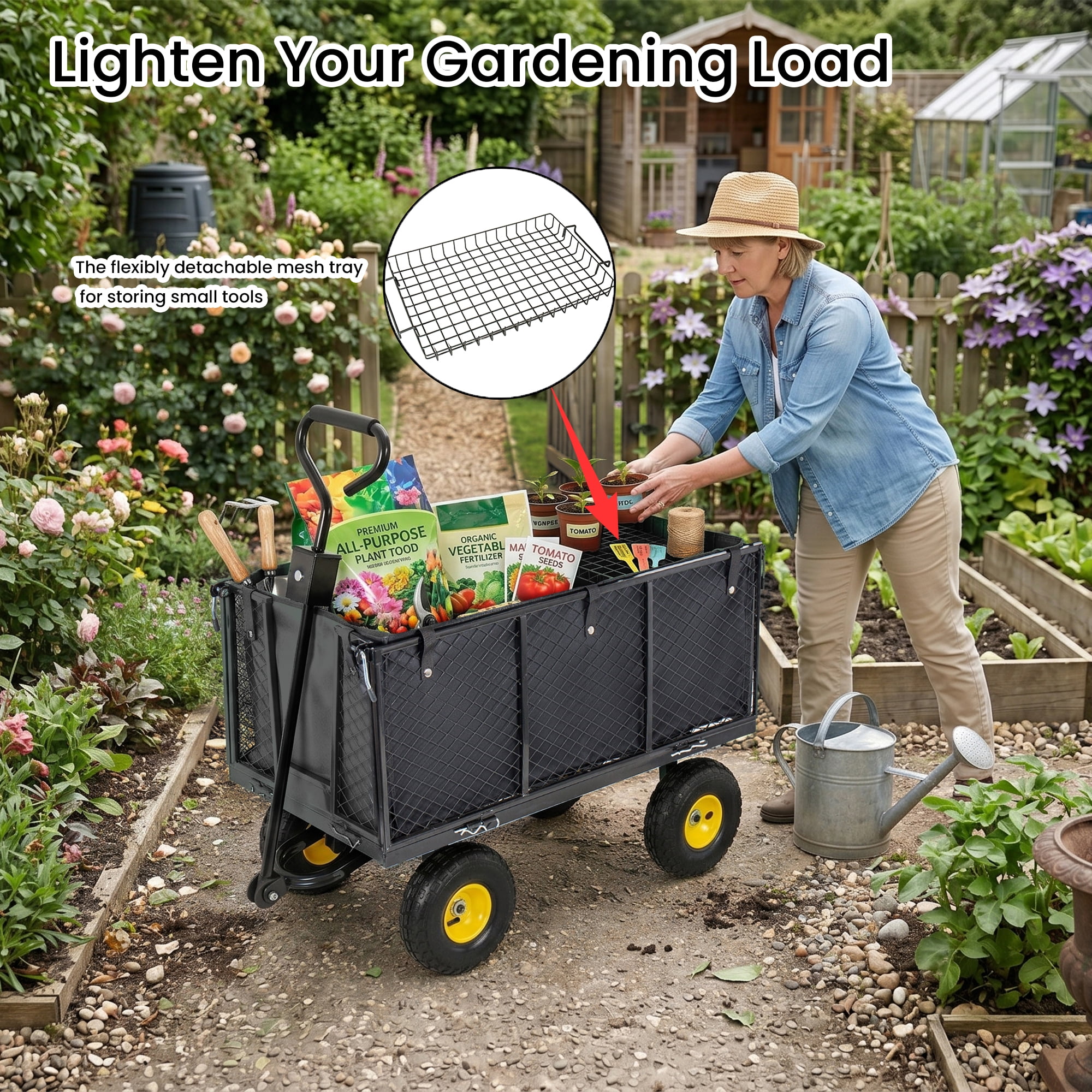 Steel Garden Cart, 3-in-1 Oversized 880 lbs Mesh Metal Pullable Cart with Removable Liner for Lawn Garden Backyard, Black