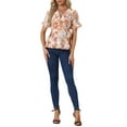 thumbnail image 2 of INSPIRE CHIC Women's Tops Floral V Neck Short Sleeves Round Hem Ruffle Peplum Blouse M Orange, 2 of 6