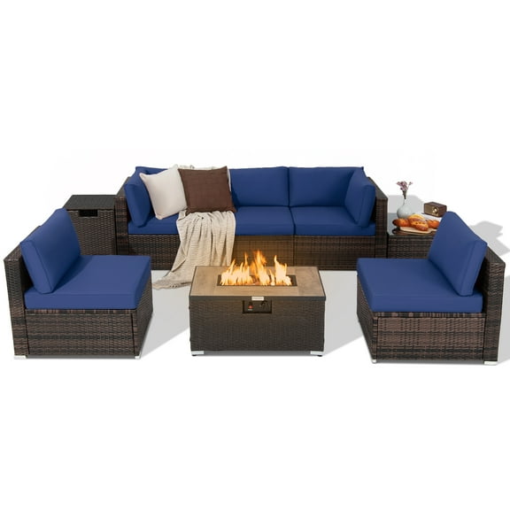 Costway 8PCS Patio Rattan Furniture Set Fire Pit Table Tank Holder Cover Deck Navy