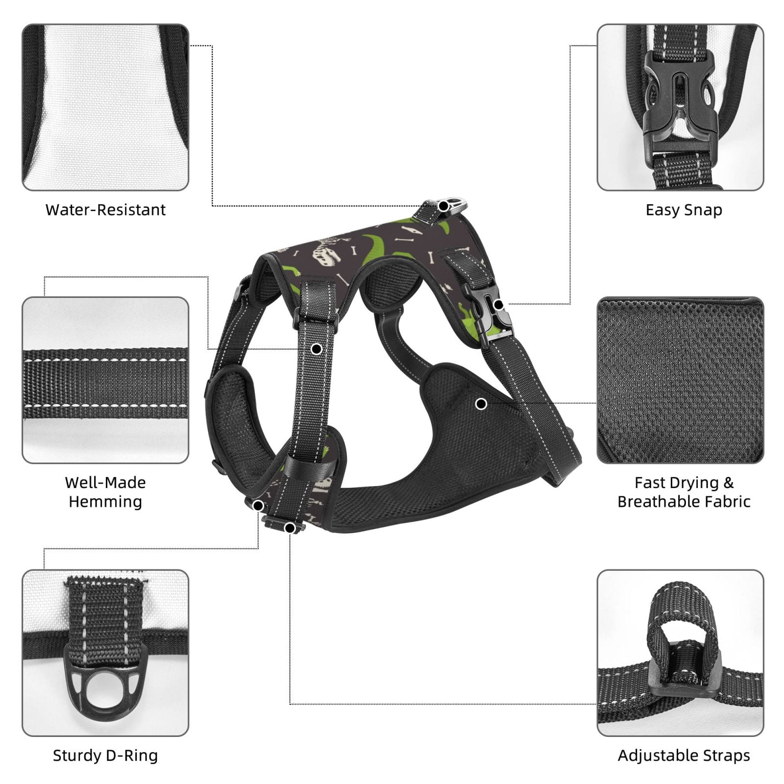 Fuzoiu Dinosaur Skeleton Print Reflective Dog Harness,Adjustable, Breathable Pet Vest,Dog Harness No Pull,No Choke Pet Vest for Small, Medium, and Large Dogs-Large