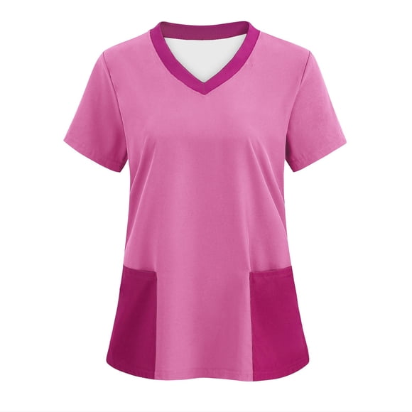 Pink Scrub Tops for Women with Pocket Short Sleeve V Neck Holiday Nurse Uniform Work Shirt Wrinkle Free Medical Scrubs, Multicolor, L