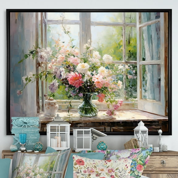 Designart "Vintage Flower View through Delicate French Windows III" Floral Framed Wall Art - Traditional White Window Hallway Framed Wall Art Decor