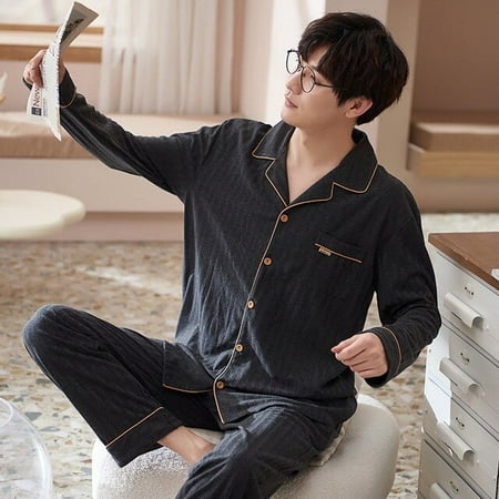 

CoCopeaunt New spring and autumn mens home wear cardigan long-sleeved pants pajamas set lapel loose pajamas men sleepwear