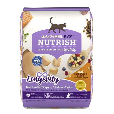 Rachael Ray Nutrish Longevity Natural Dry Cat Food, Chicken with Chickpeas & Salmon Recipe, 14