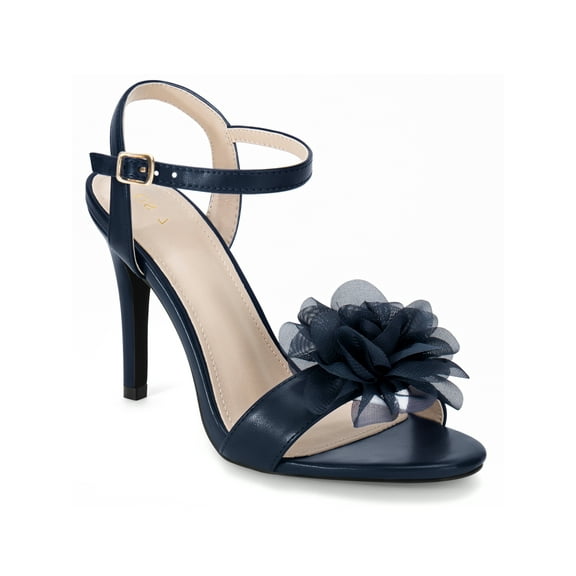 BLISSFUL STEP Flower Open Toe Ankle Strap Slingback Stiletto Heel Sandals for Women Dark Blue 6