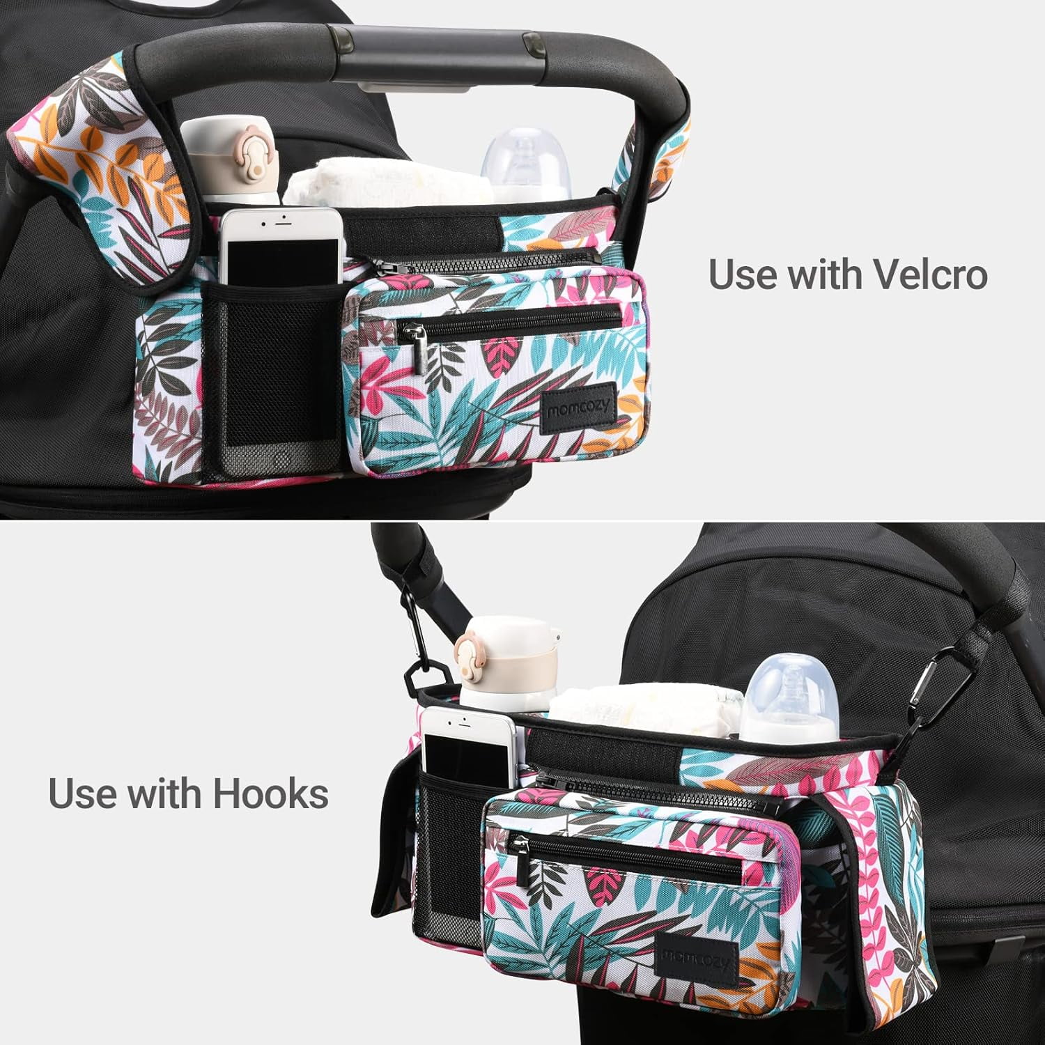 Momcozy Universal Stroller Organizer with Insulated Cup Holder for Newborn & Toddler, Tropical Style