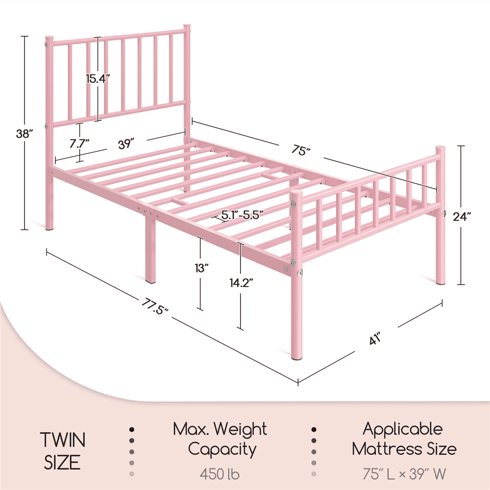 Yaheetech Metal Bed Frame with Spindle Headboard and Footboard,Twin,Pink