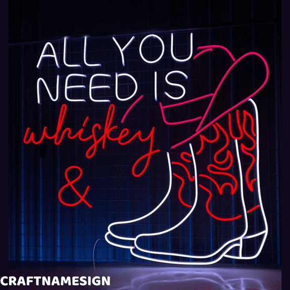 Craftnamesign Whiskey Neon Sign, Whiskey Wall Art, Bar Pub Decor, Cowboy Wall Art
