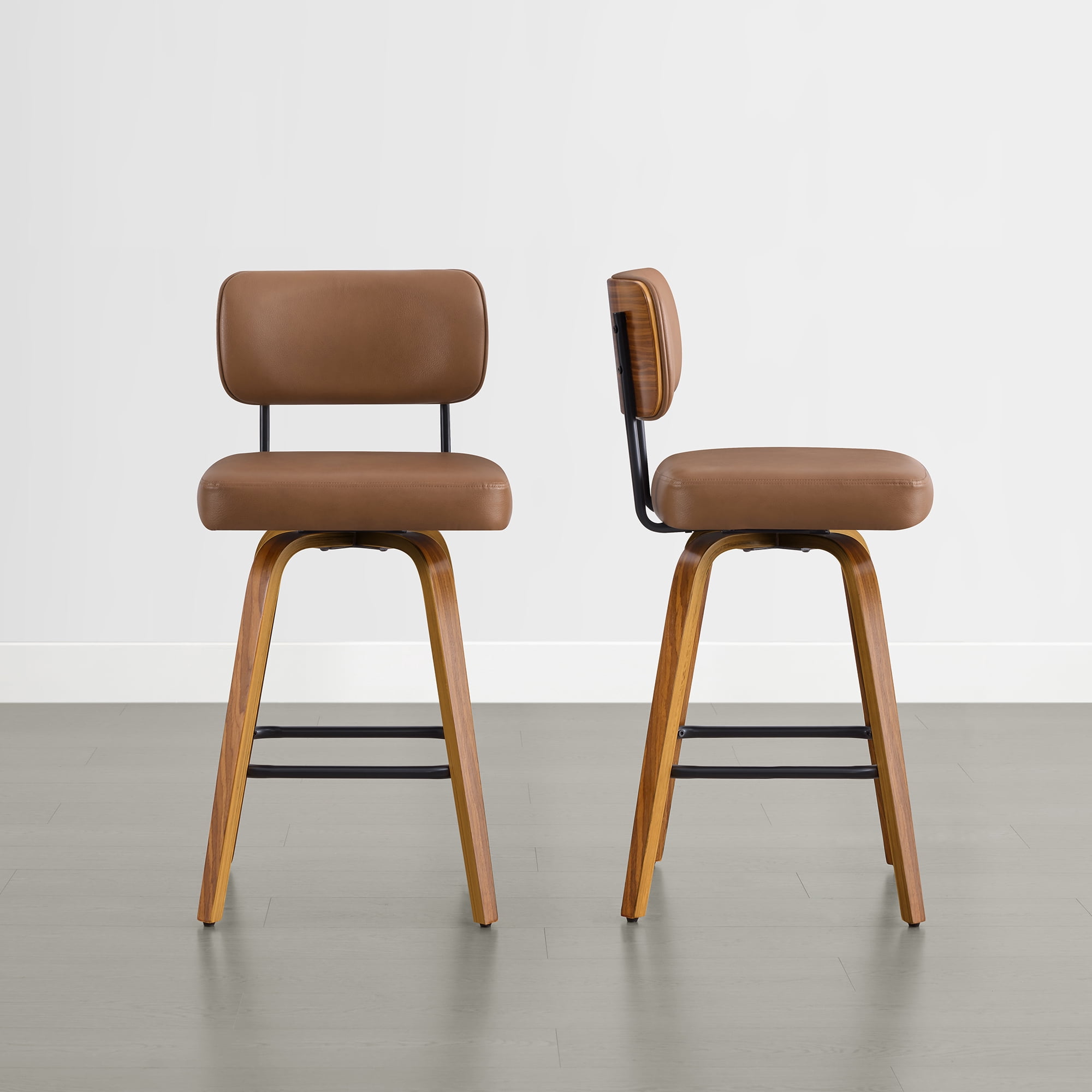 Spruce & Spring 26" Swivel Counter Bar Stool with Walnut Bentwood Frame Set of 2, Upholstered Back, Brown