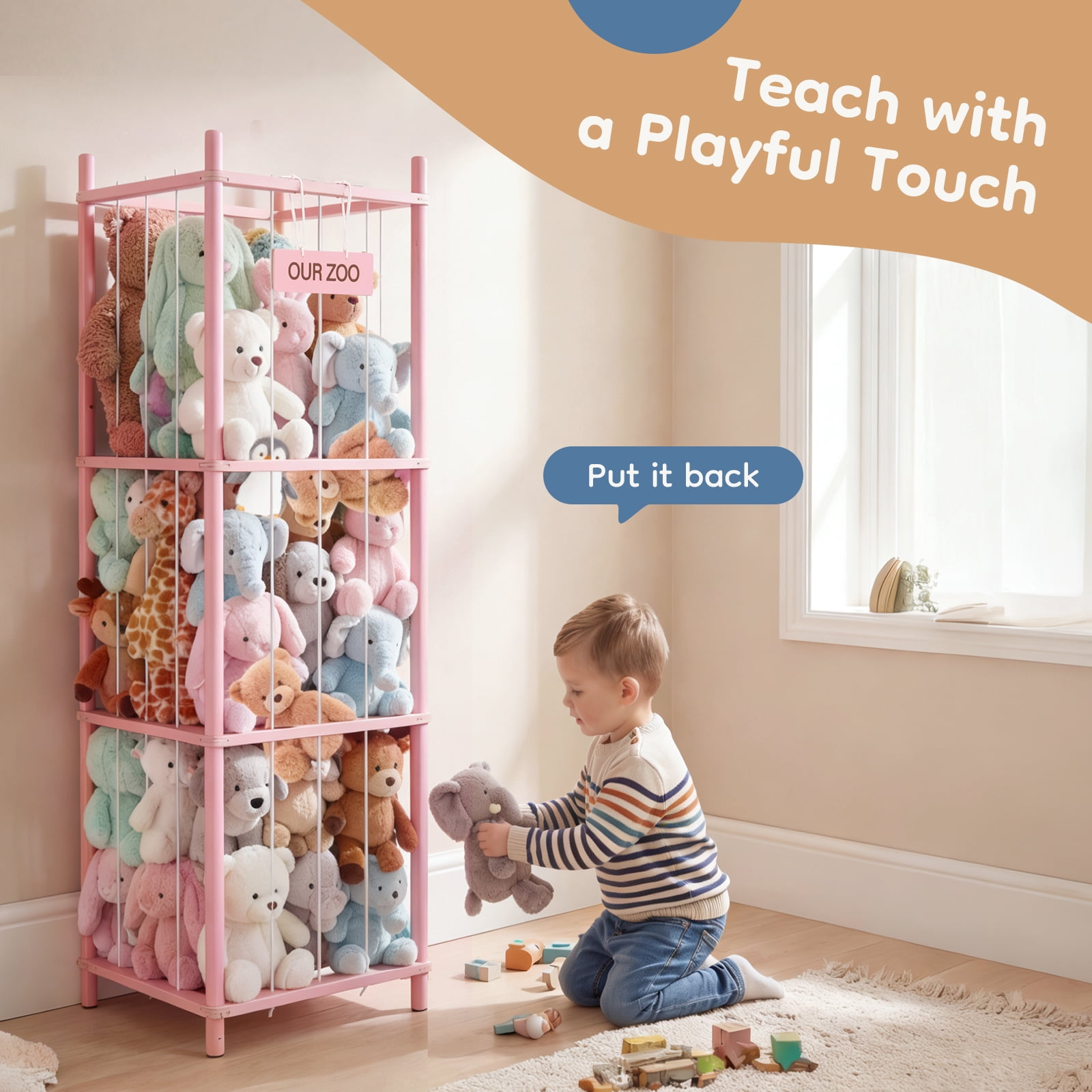 CONCETTA Toy Storage Organizer, Wooden Toy Holder Cage - Holds 40+ Plush Toys, Sturdy Wood & Steel Screw Construction for Toddler Room, Playroom, Bedroom, Pink