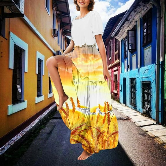 Women Clearance All 2025!Viikei Modern Wrap Short Sleeve Dress,Women's Casual Fashion Cake Lace Skirt Solid Color Short Sleeved Round Neck Dress Yellow S