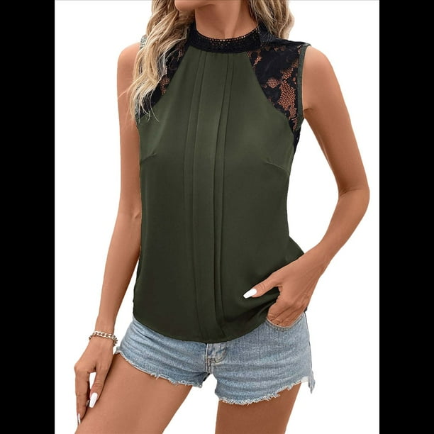 Blusas Sin Mangas de Encaje para Mujer, Blusas Plisadas de Verano 2025, Blusas Elegantes e Informales Sin Mangas. Verde XL