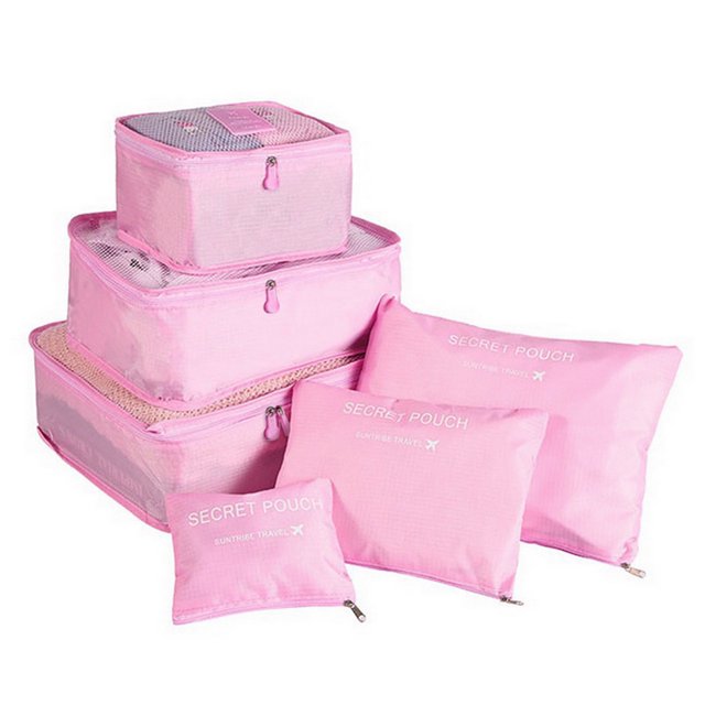 6 Pcs Travel Organizer Storage Bag Set For Clothes Tidy Wardrobe Suitcase Pouch Case Shoes Packing Cube Bag Home Storage Pink