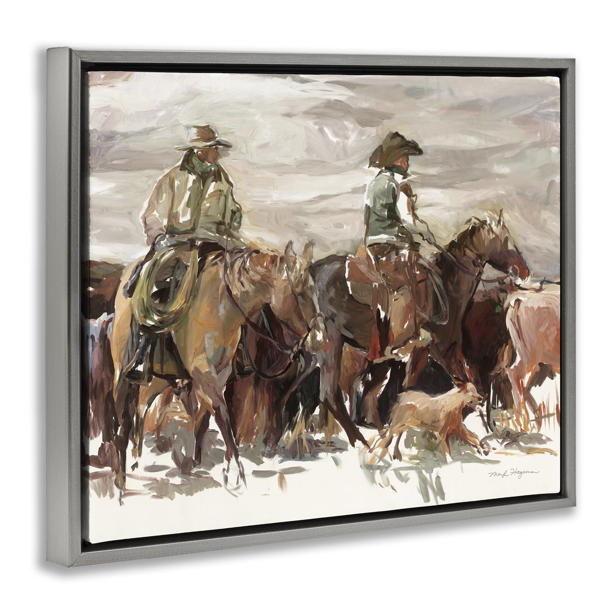 Stupell Industries Round Up Cowboys Animals & Insects Painting Gray Floater Framed Canvas Art Print Wall Art, 21 x 17