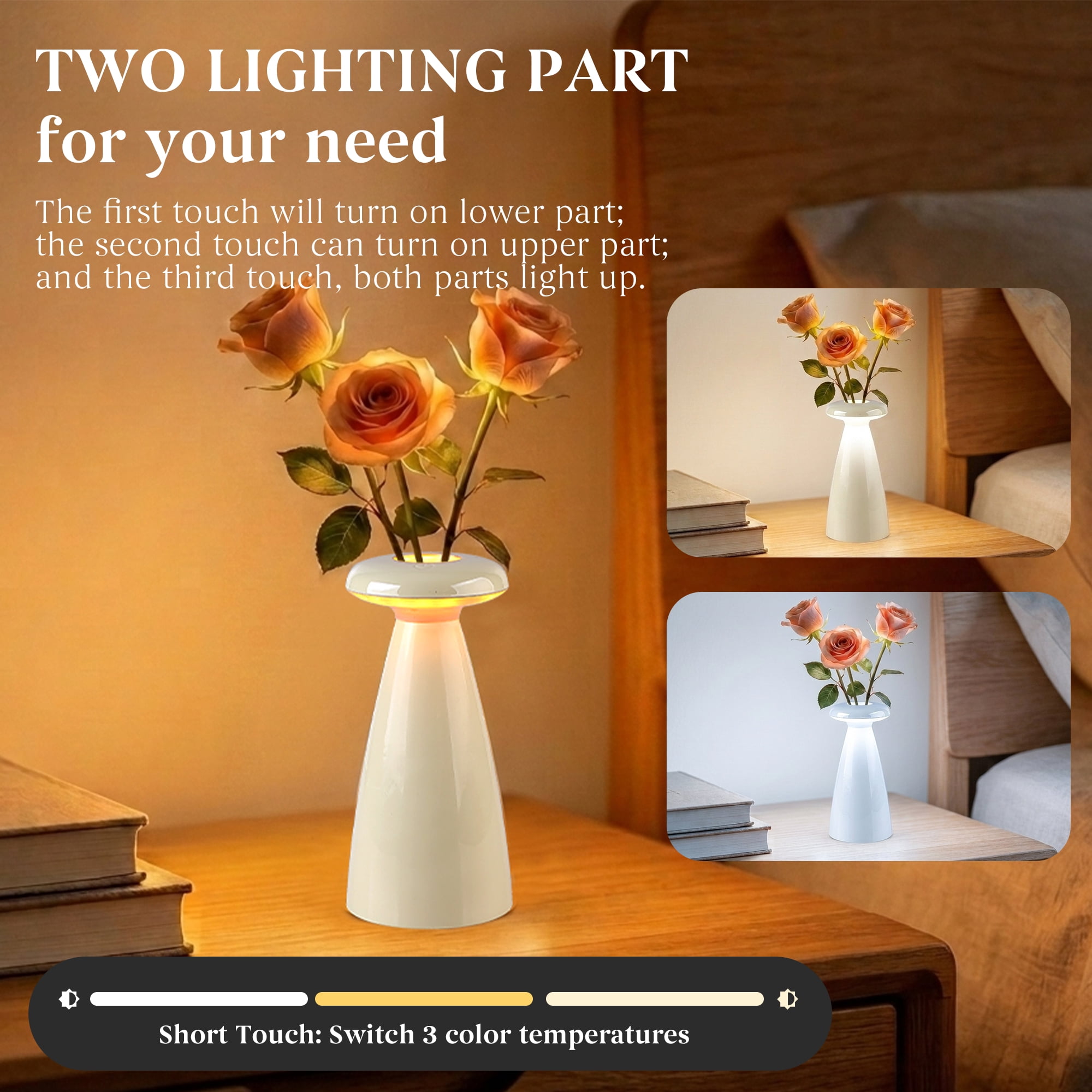 DAYBETTER 2-in-1 Ceramic Table Lamp, Stepless Dimming & 3000K LED Bedside Lamp, Modern Vase Lamp for Bedroom, Nightstand & Desk Decor, Best Gifts for family and Friends